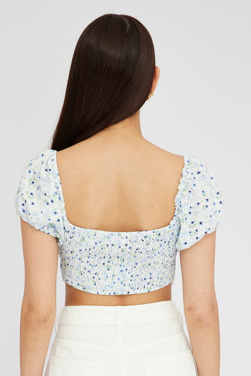 Blue Ditsy Crop Top Short Sleeve Square Neck for Ally Fashion