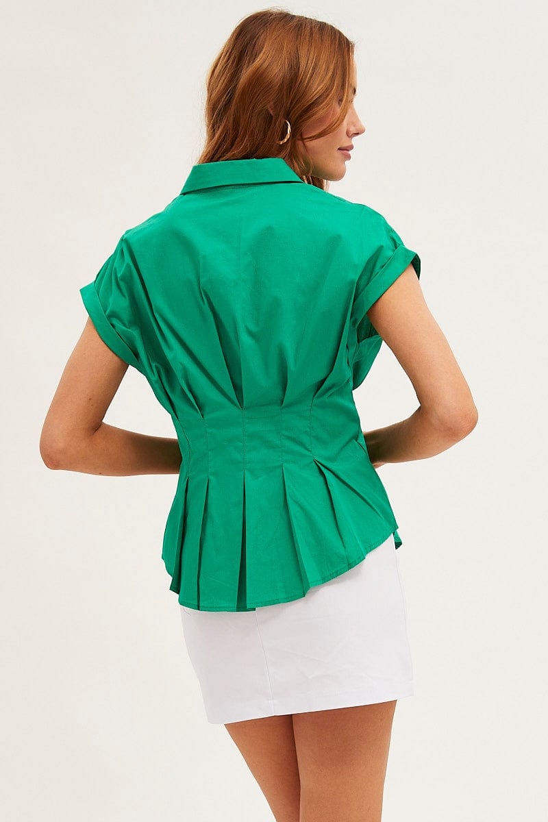 Green Shirt Short Sleeve Collared Gathered Bust for Ally Fashion