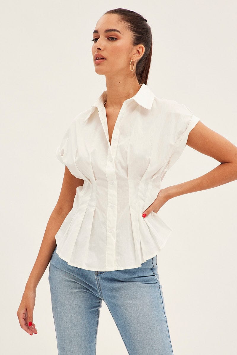 White Shirt Short Sleeve Collared Gathered Bust for Ally Fashion