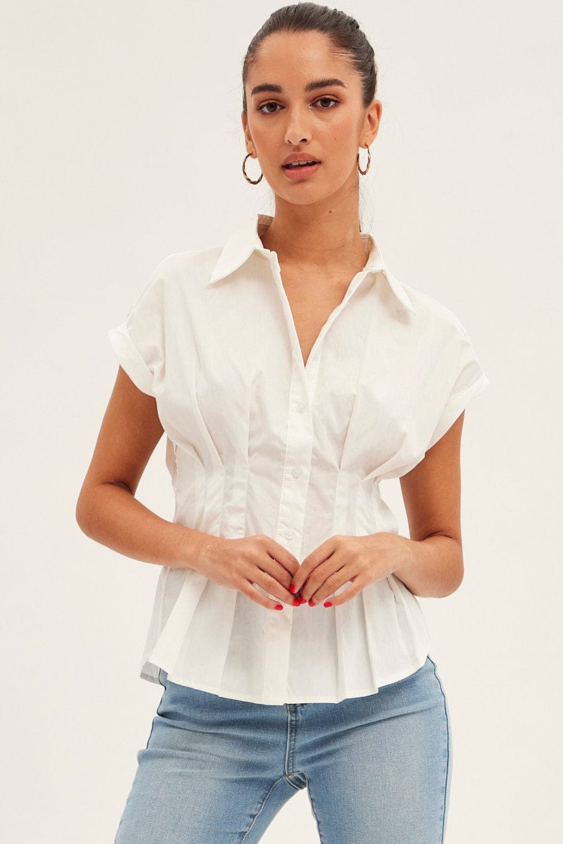White Shirt Short Sleeve Collared Gathered Bust for Ally Fashion