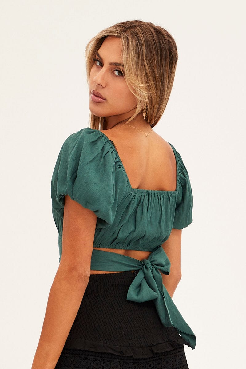 Teal Crop Top Short Sleeve Sweetheart Neckline Tie Back for Ally Fashion