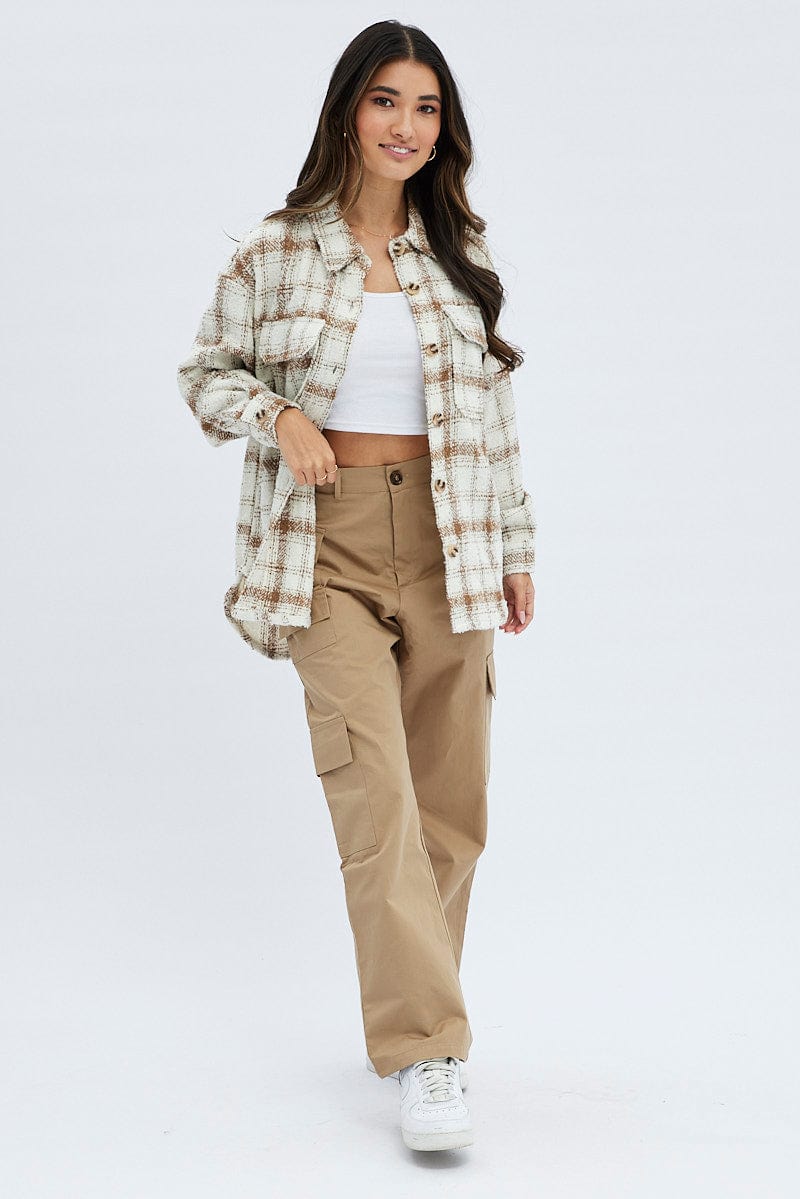 Beige Check Checked Shirt Long Sleeves Collared for Ally Fashion