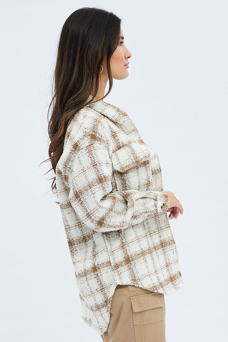 Beige Check Checked Shirt Long Sleeves Collared for Ally Fashion