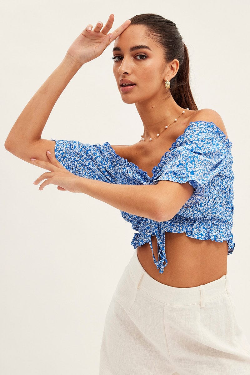 Ditsy Print Shirred Top Short Sleeve Crop Rayon for Ally Fashion