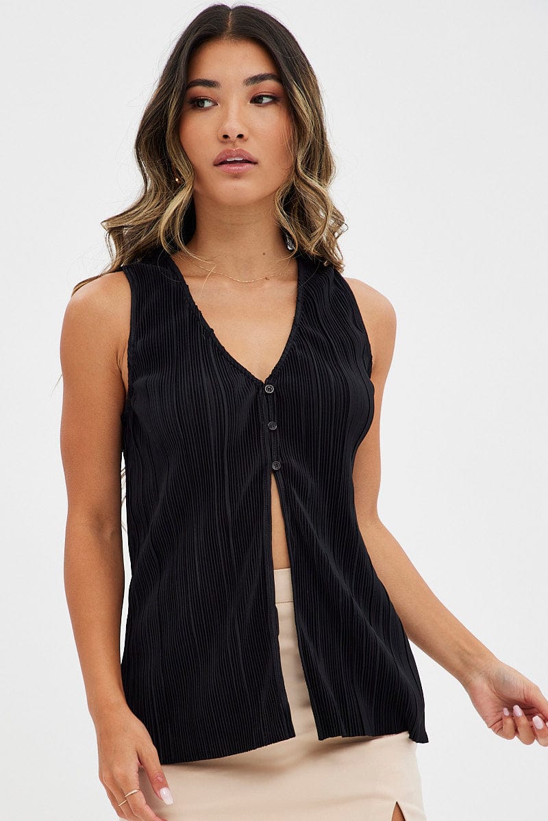 Black Top Sleeveless V Neck Buttons Details Plisse for Ally Fashion
