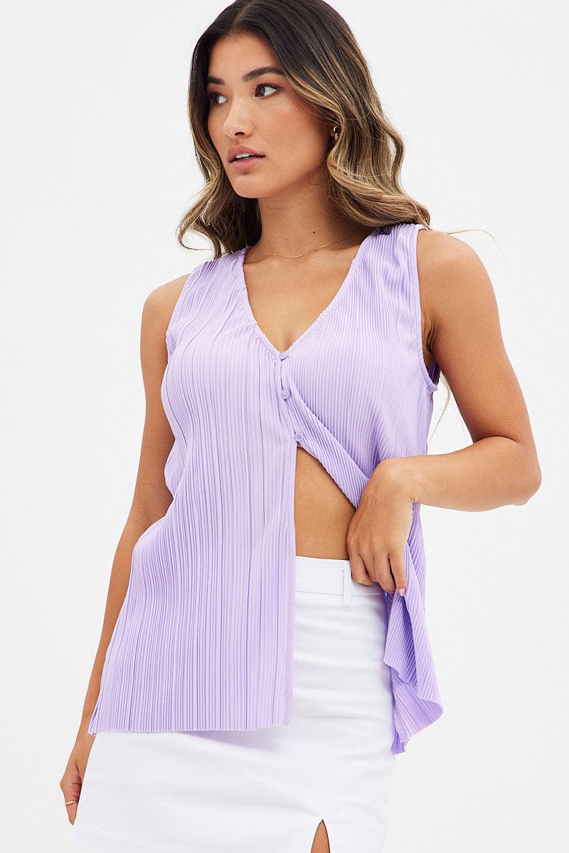 Purple Top Sleeveless V Neck Buttons Details Plisse for Ally Fashion