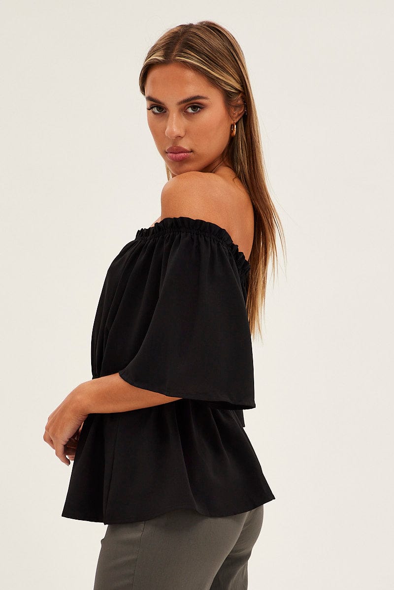 Black Top Short Sleeve Off Shoulder Longline Flutter for Ally Fashion