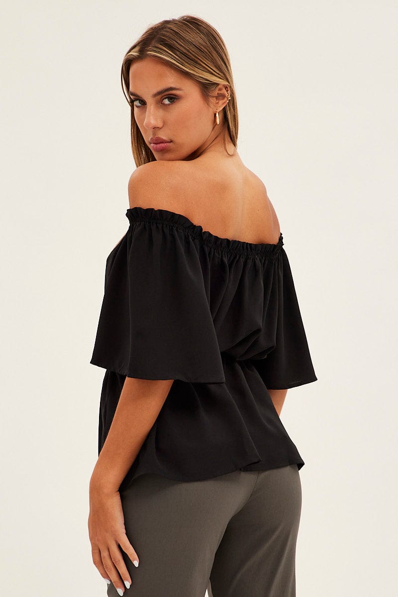 Black Top Short Sleeve Off Shoulder Longline Flutter for Ally Fashion