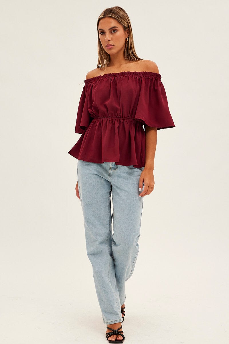 Red Top Short Sleeve Off Shoulder Longline Flutter for Ally Fashion