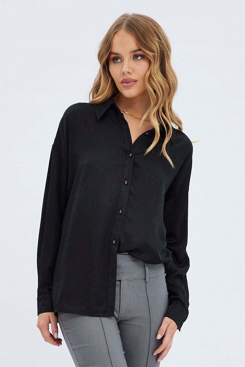 Black Long Shirt Collared Long Sleeve for Ally Fashion