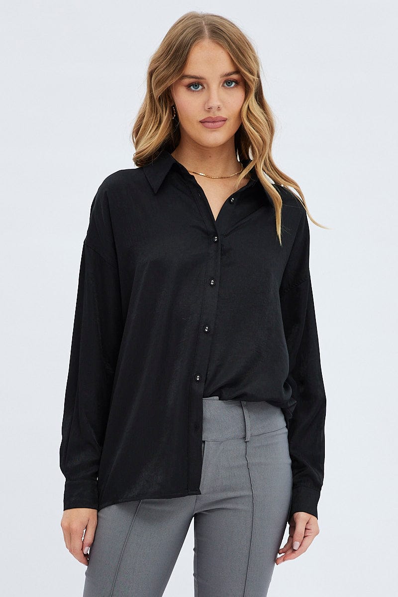 Black Long Shirt Collared Long Sleeve for Ally Fashion