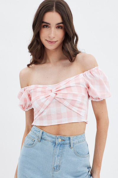 Pink Check Gingham Twist Front Crop Top | Ally Fashion