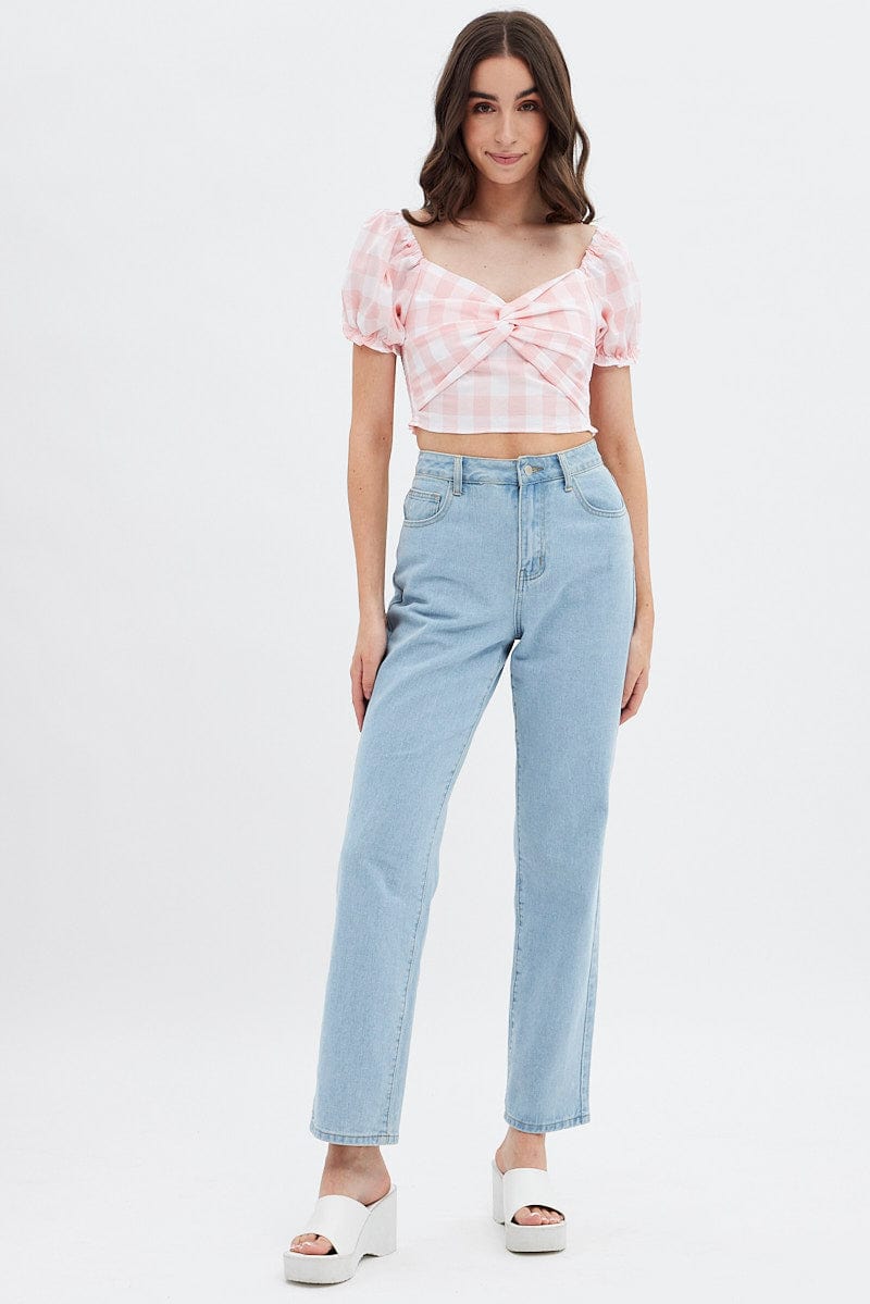 Pink Check Gingham Twist Front Crop Top for Ally Fashion