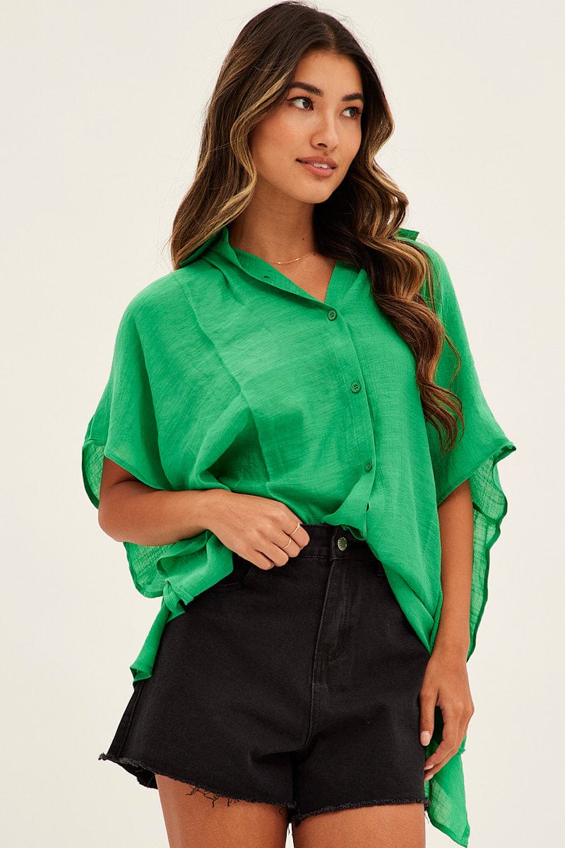 Green Short Sleeve Shirt Collared Longline for Ally Fashion