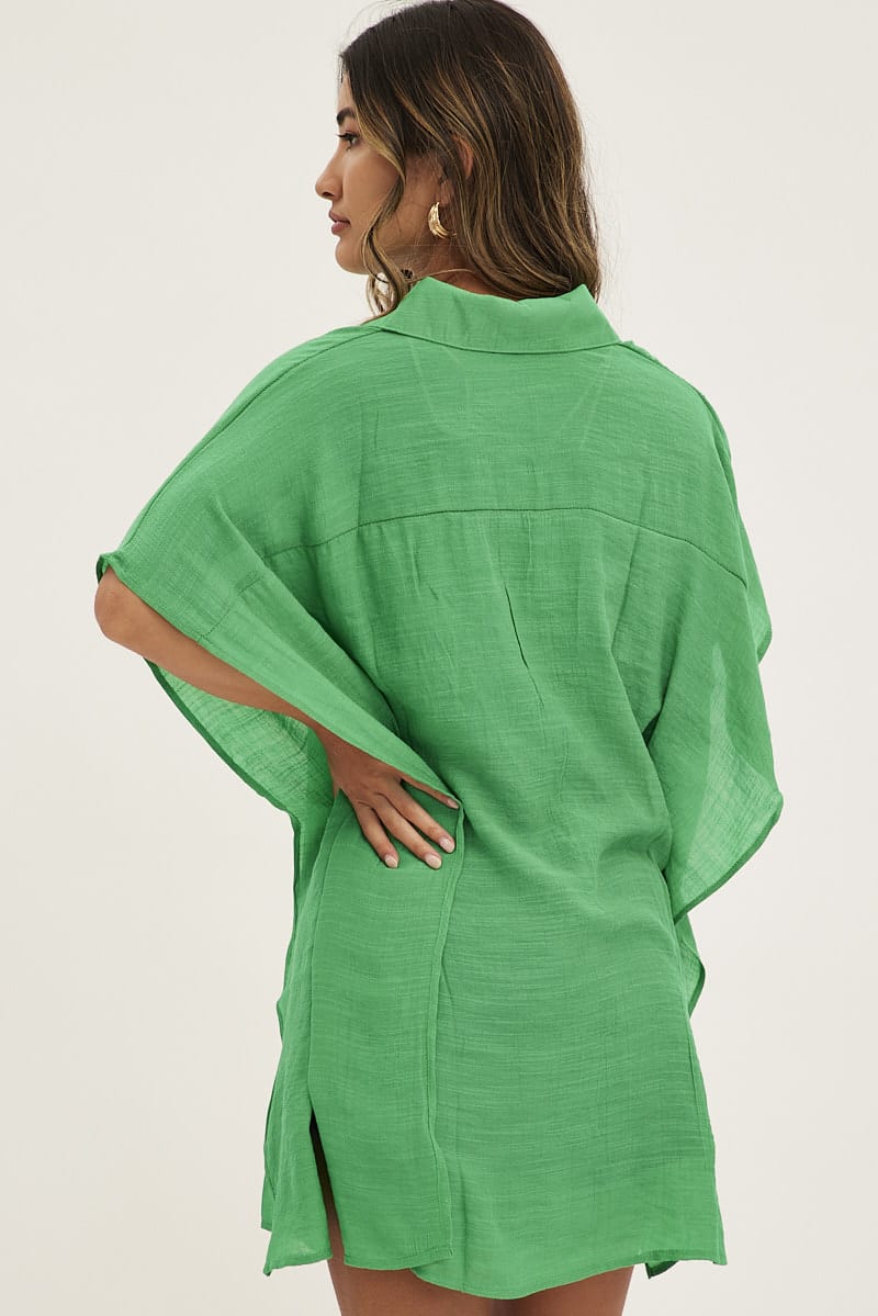 Green Short Sleeve Shirt Collared Longline for Ally Fashion