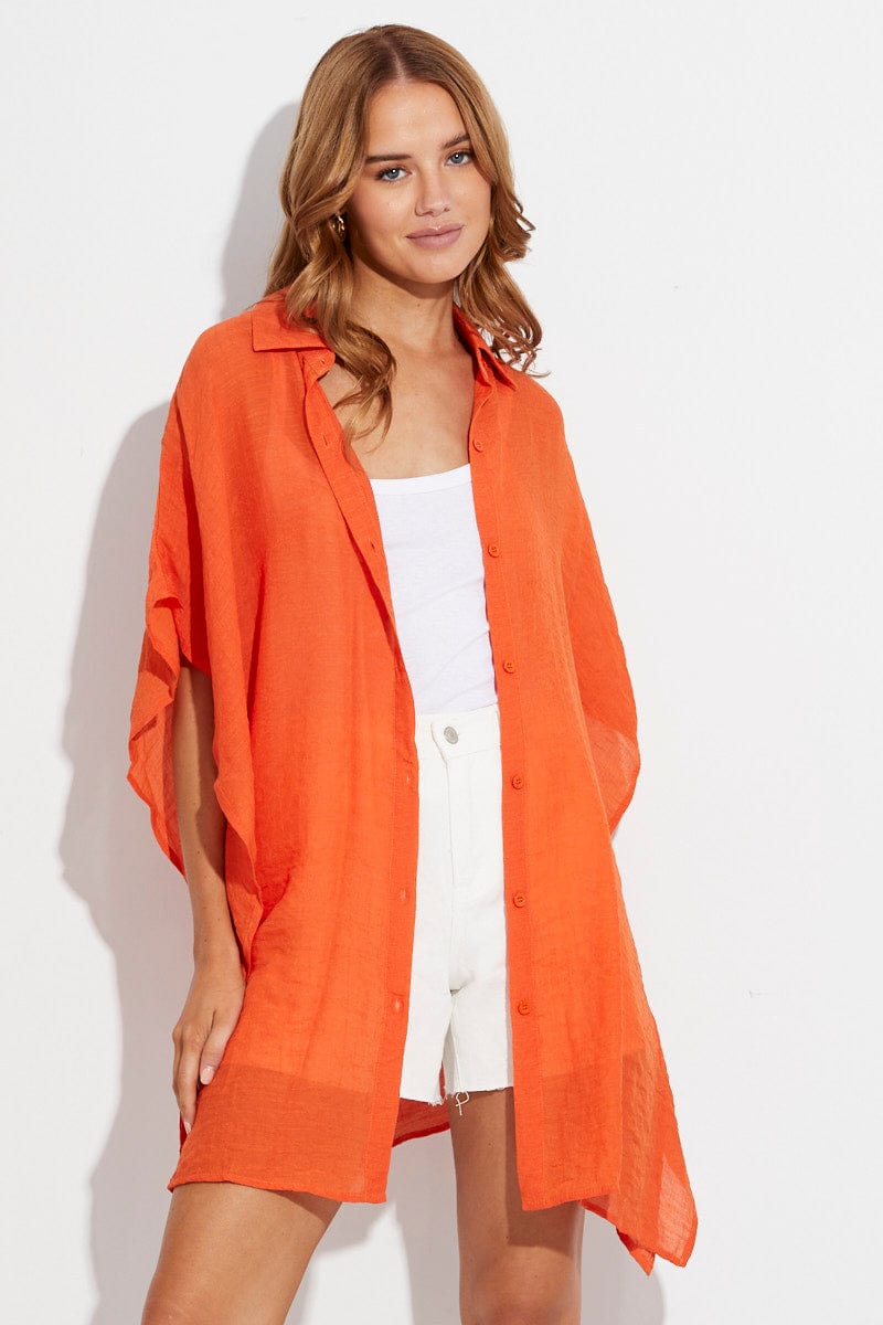 Orange Short Sleeve Shirt Collared Longline for Ally Fashion