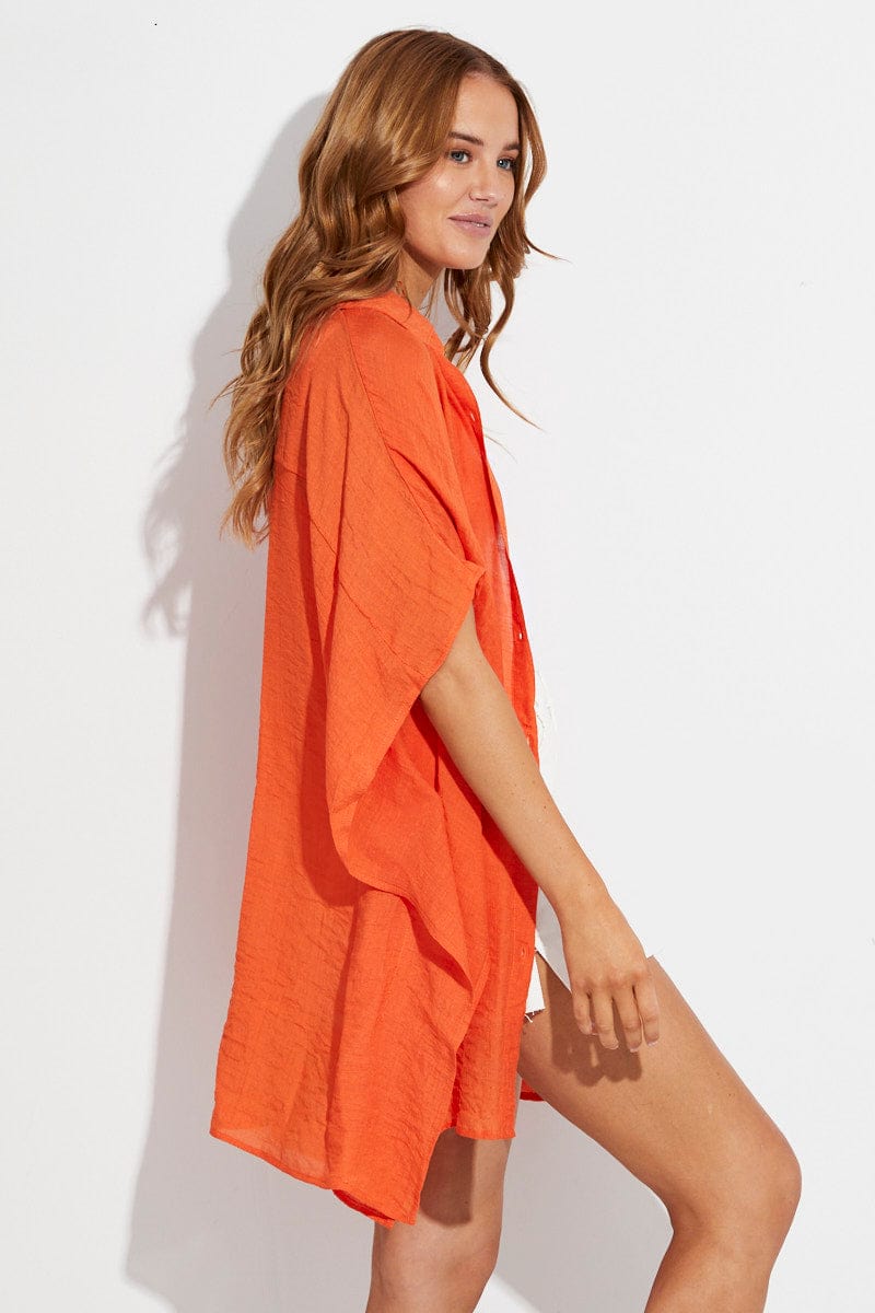 Orange Short Sleeve Shirt Collared Longline for Ally Fashion