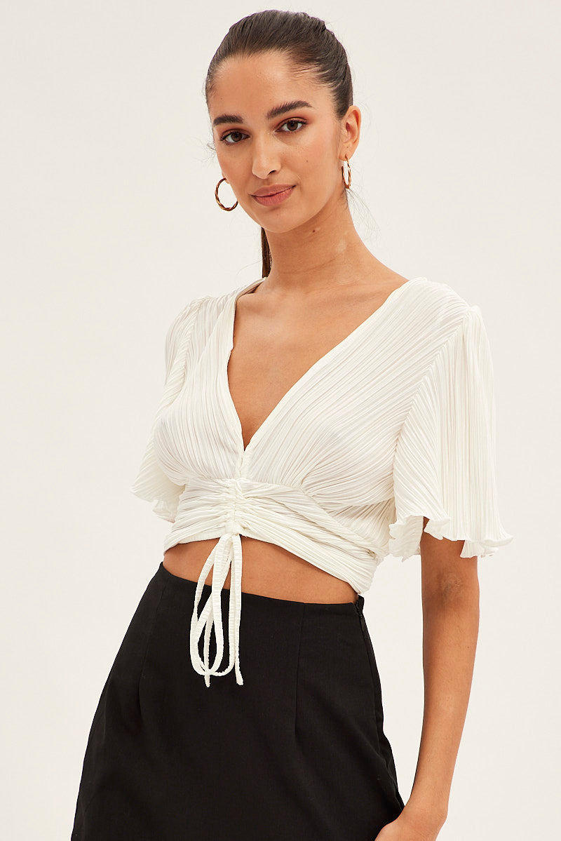 White Crop Top Short Sleeve Plisse Ruched Front for Ally Fashion