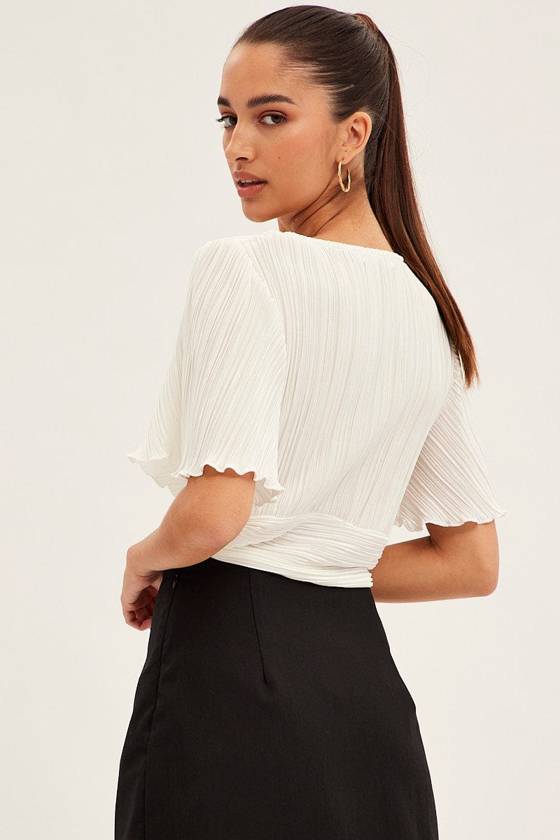 White Crop Top Short Sleeve Plisse Ruched Front for Ally Fashion