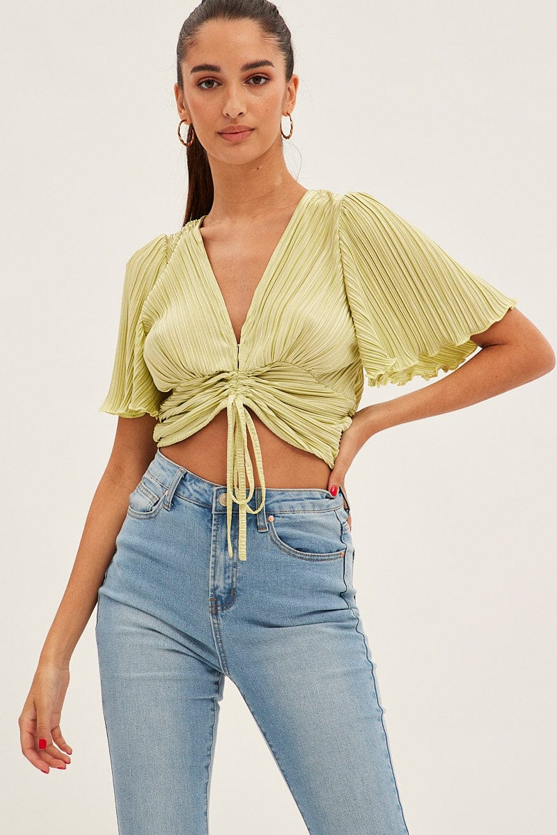 Green Crop Top Short Sleeve Plisse Ruched Front for Ally Fashion
