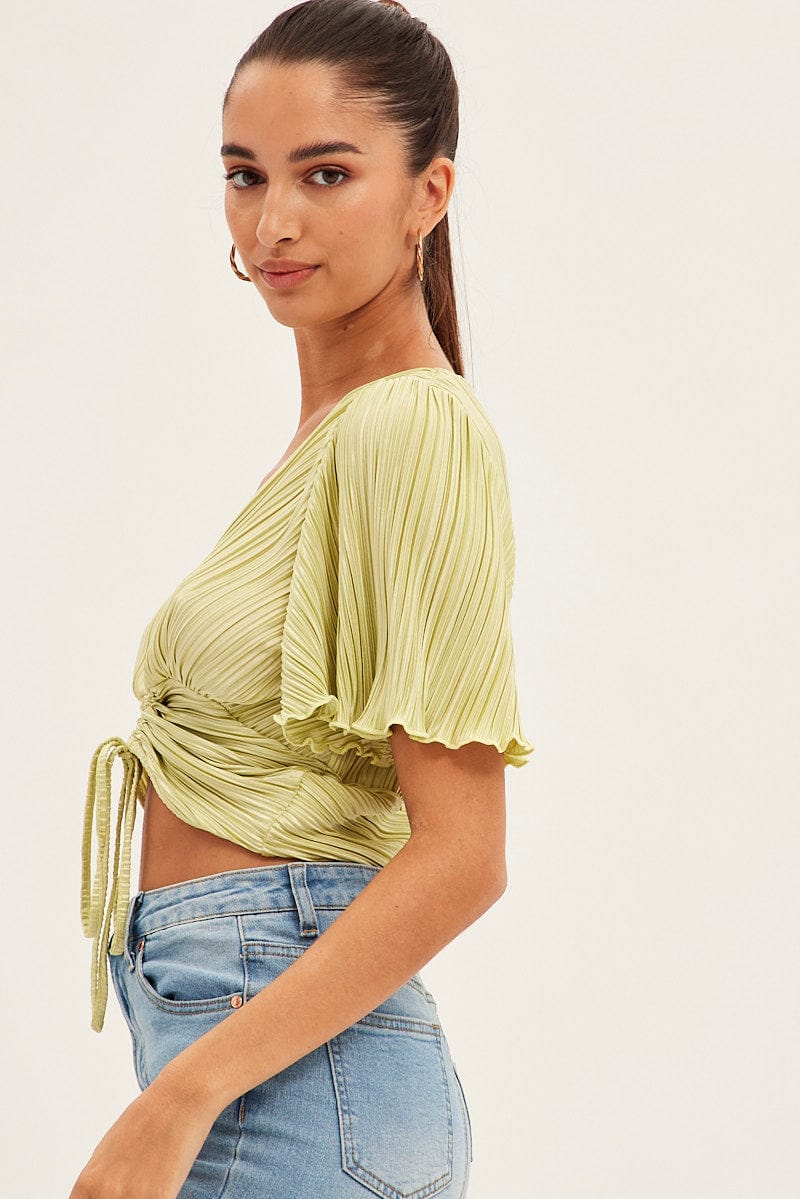 Green Crop Top Short Sleeve Plisse Ruched Front for Ally Fashion