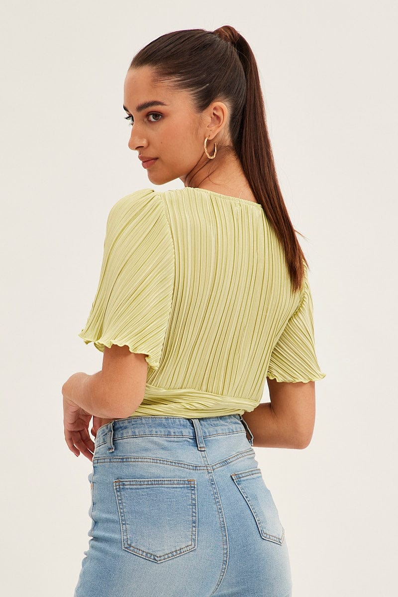 Green Crop Top Short Sleeve Plisse Ruched Front for Ally Fashion