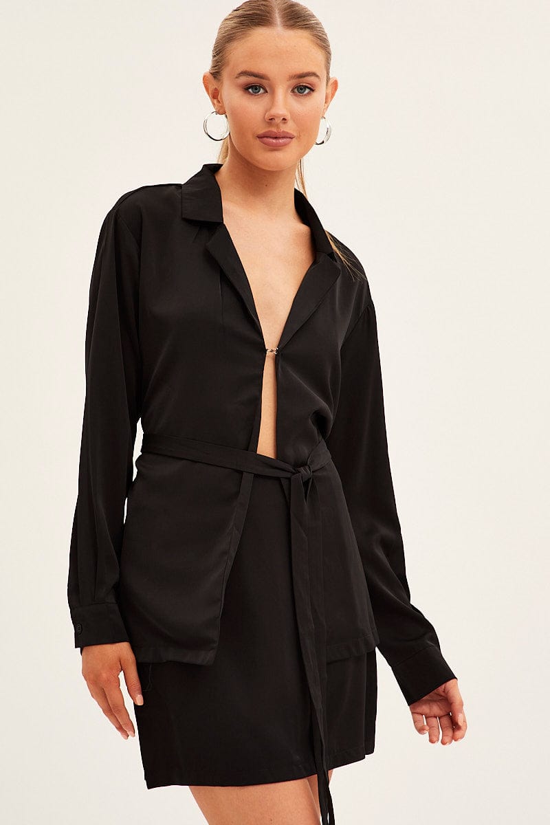 Black Shirt Top Long Sleeve Satin for Ally Fashion