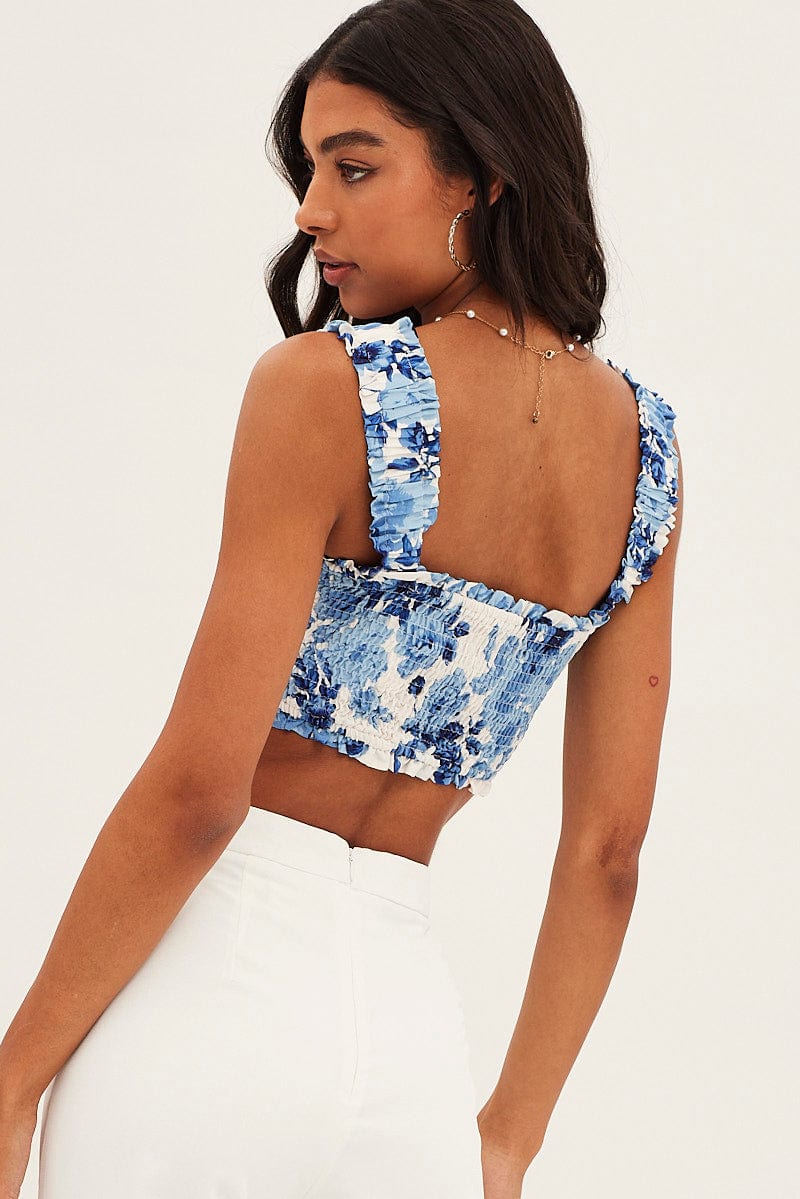 Blue Floral Crop Top Sleeveless Square Neck Shirred for Ally Fashion