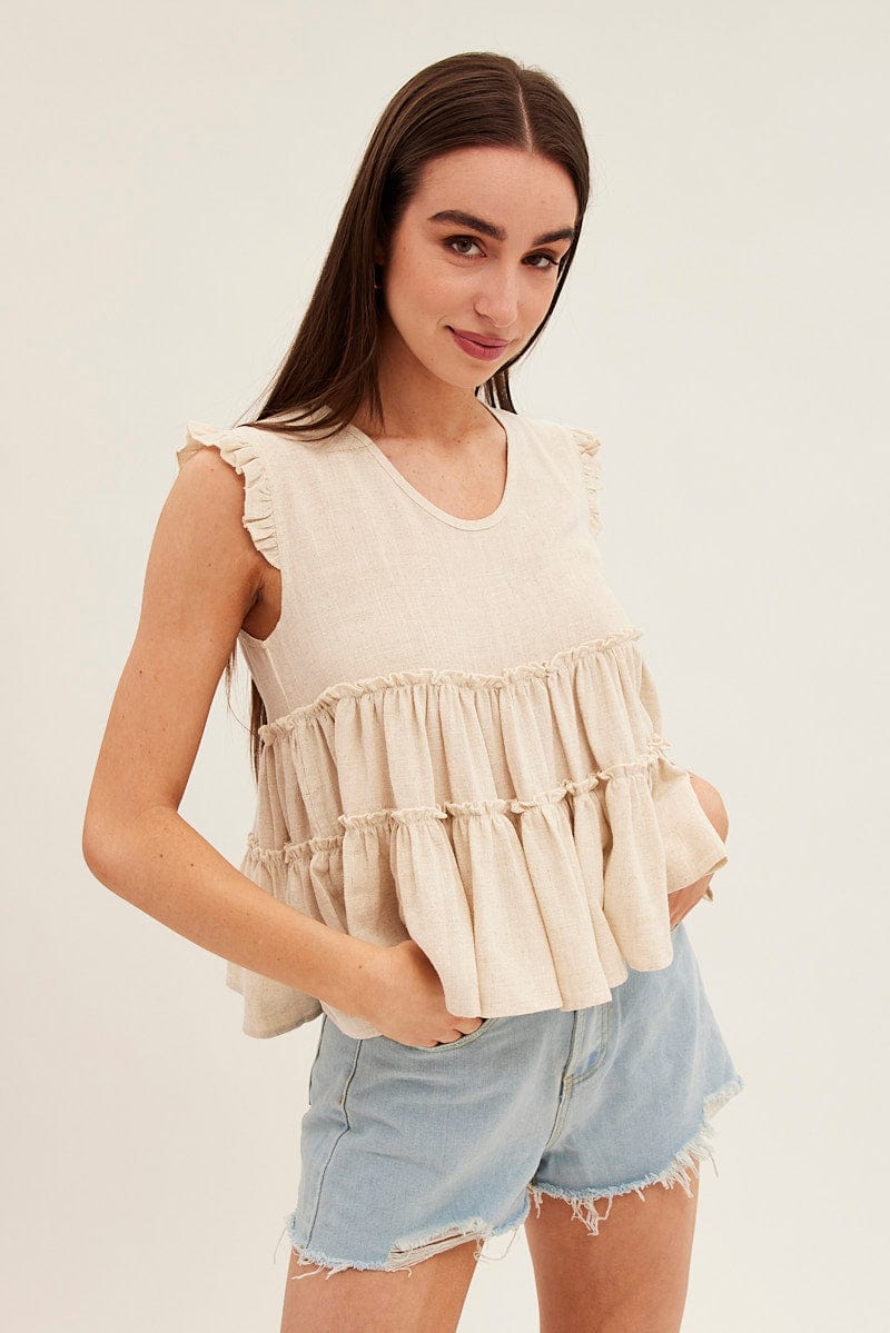 Beige Ruffle Tiered Top for Ally Fashion