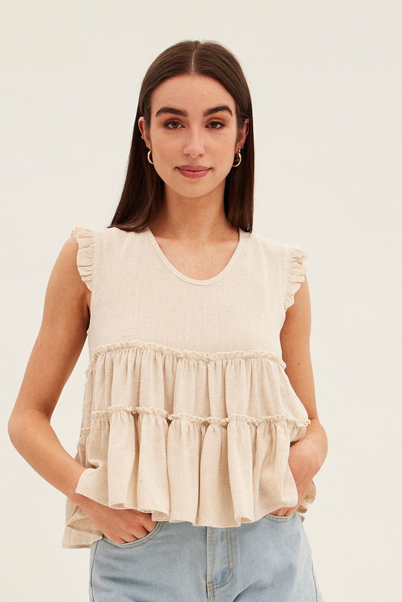 Beige Ruffle Tiered Top for Ally Fashion