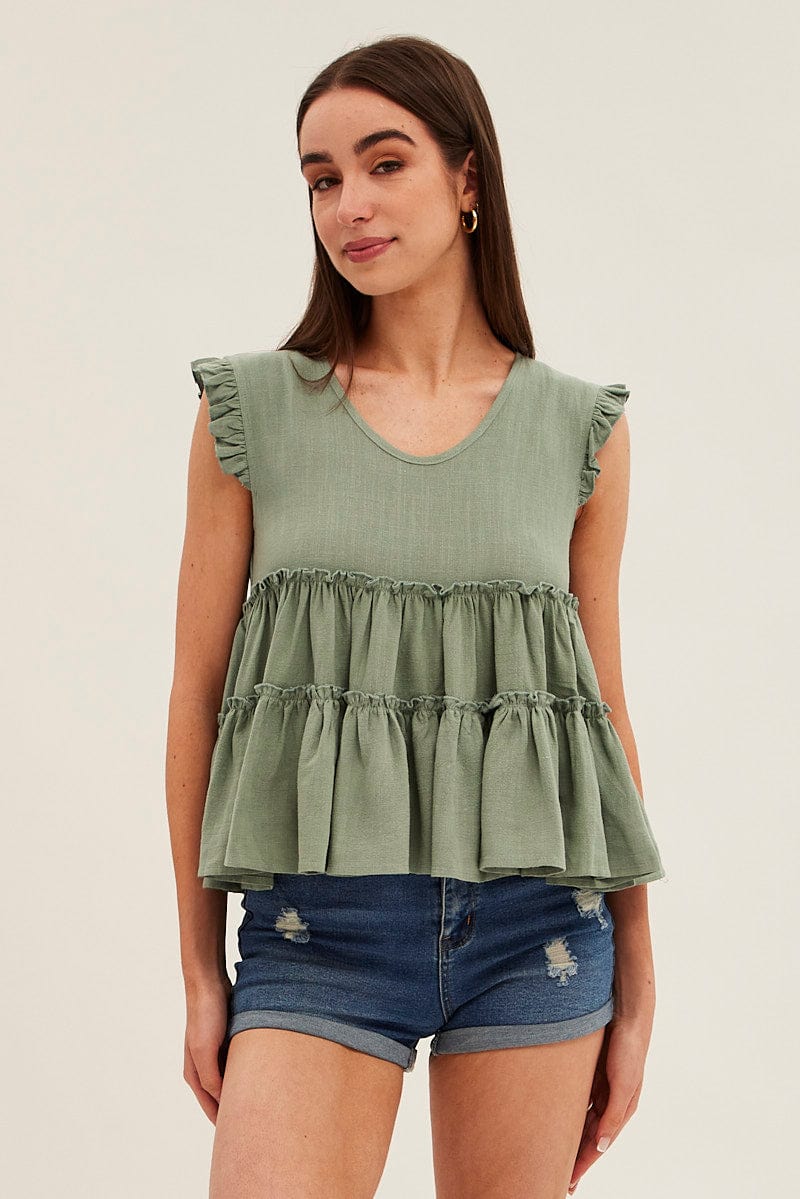 Green Ruffle Tiered Top | Ally Fashion