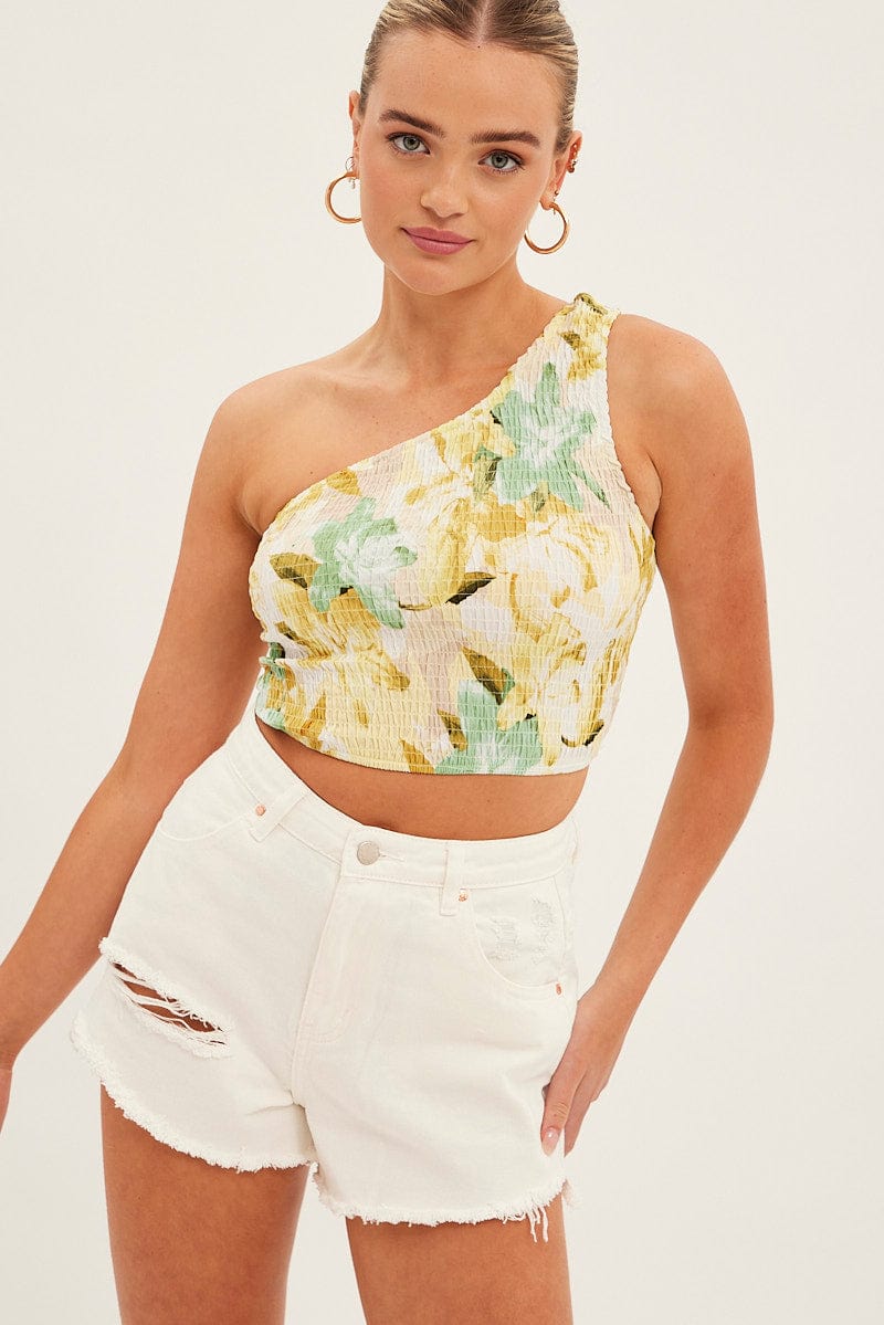 Yellow Floral Crop Top Sleeveless One Shoulder Shirred for Ally Fashion