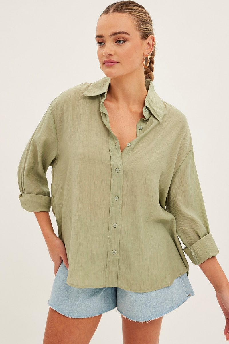 Green Textured Shirt Long Sleeve Collared for Ally Fashion