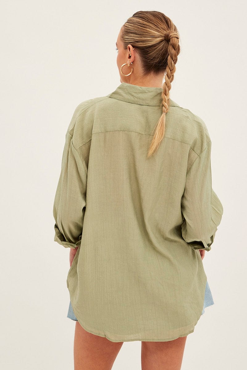 Green Textured Shirt Long Sleeve Collared for Ally Fashion