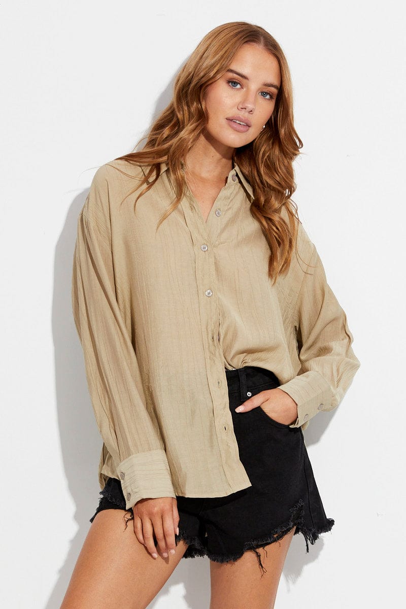 Beige Textured Shirt Long Sleeve Collared for Ally Fashion