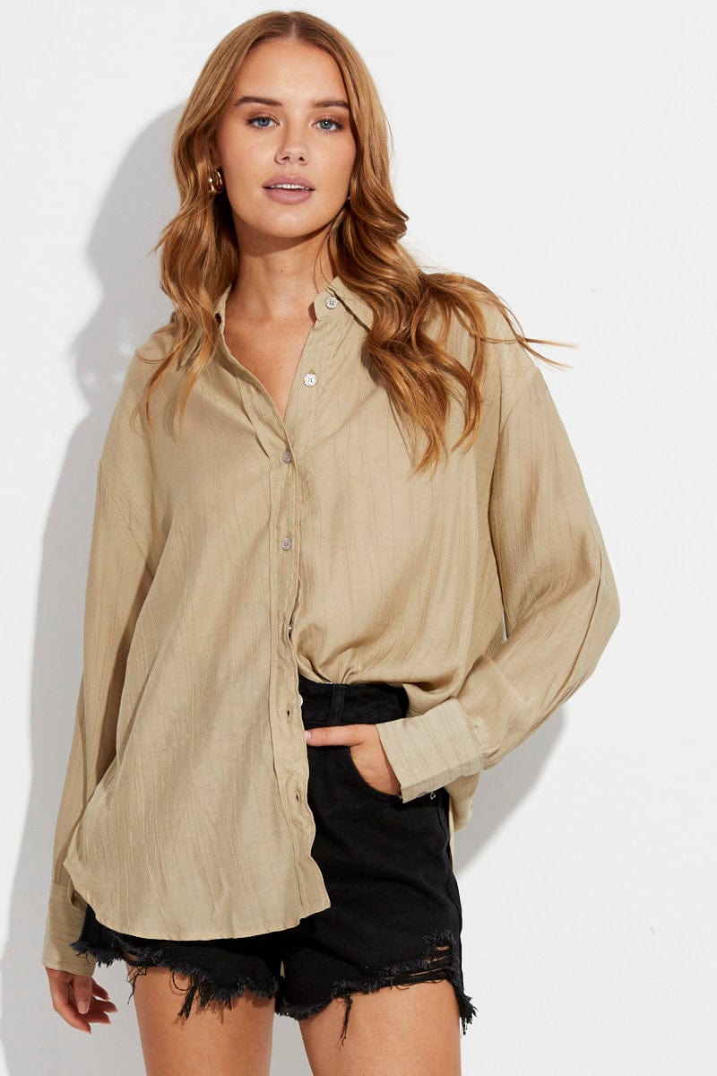 Beige Textured Shirt Long Sleeve Collared for Ally Fashion