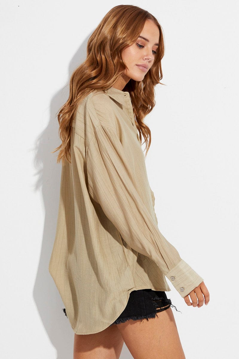 Beige Textured Shirt Long Sleeve Collared for Ally Fashion