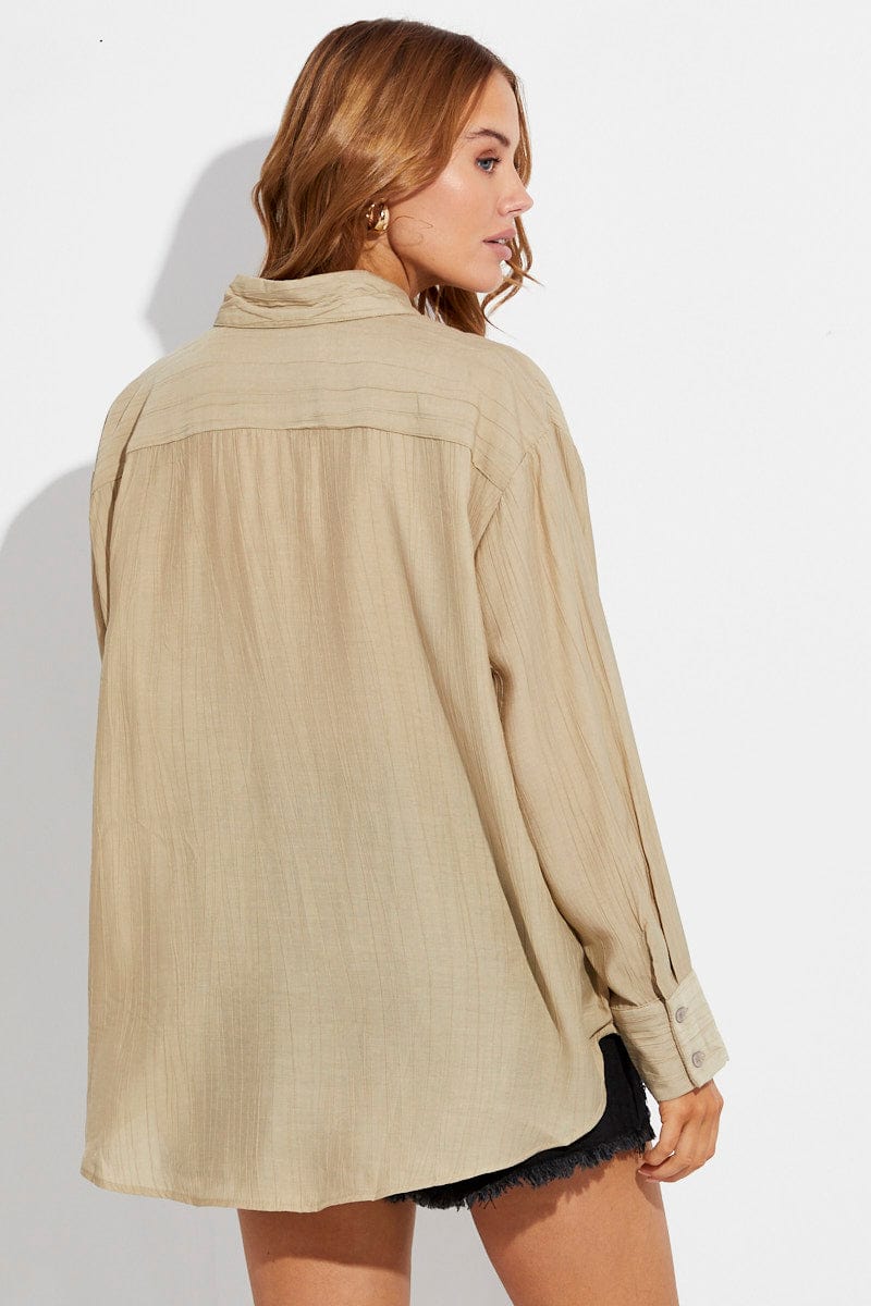 Beige Textured Shirt Long Sleeve Collared for Ally Fashion