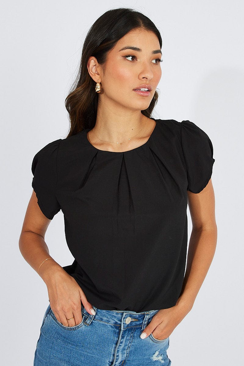 Black Top Cap Sleeve Pleat Detail Workwear for Ally Fashion