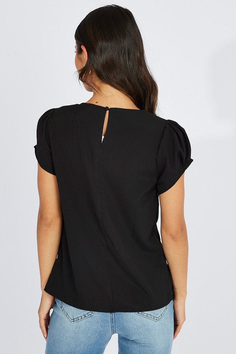 Black Top Cap Sleeve Pleat Detail Workwear for Ally Fashion