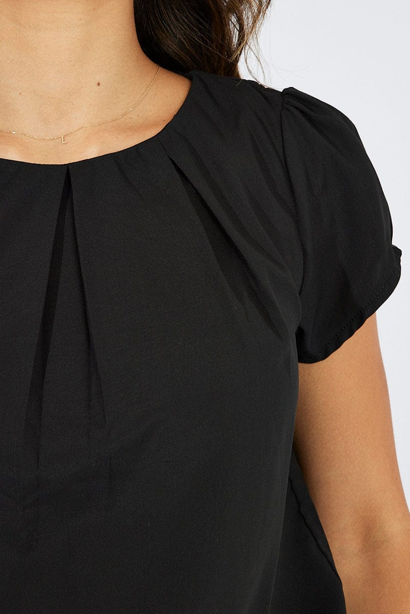 Black Top Cap Sleeve Pleat Detail Workwear for Ally Fashion