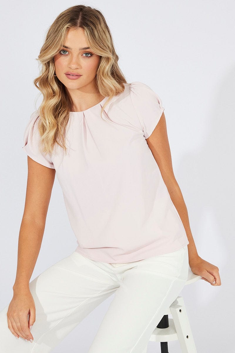 Pink Top Cap Sleeve Pleat Detail Workwear for Ally Fashion
