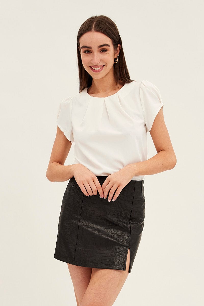 White Top Cap Sleeve Pleat Detail Workwear for Ally Fashion
