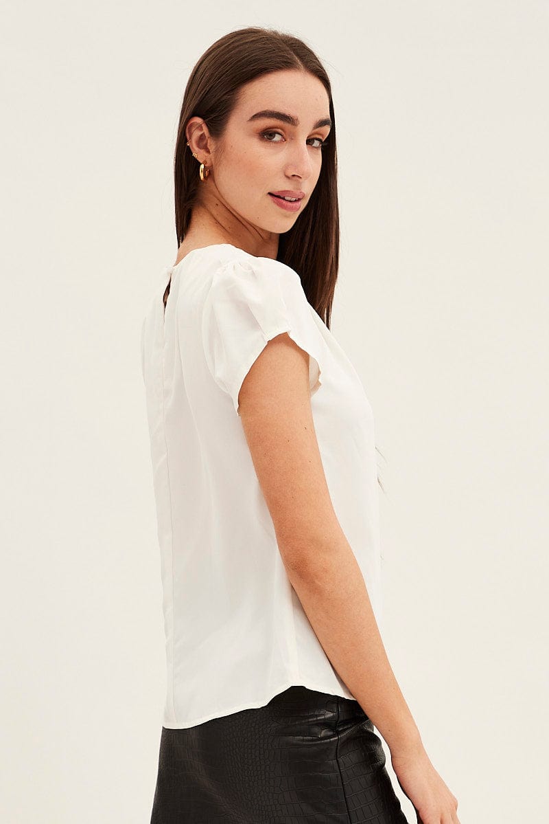 White Top Cap Sleeve Pleat Detail Workwear for Ally Fashion