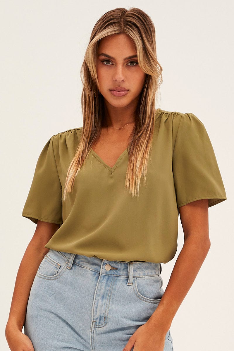 Green Workwear Printed V Neck Short Sleeve Top for Ally Fashion