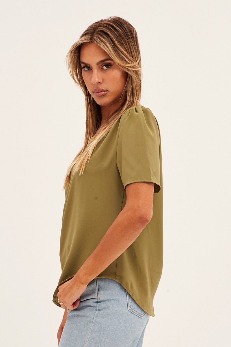 Green Workwear Printed V Neck Short Sleeve Top for Ally Fashion