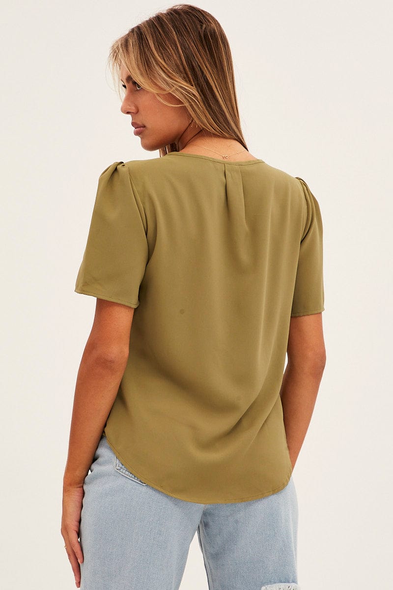 Green Workwear Printed V Neck Short Sleeve Top for Ally Fashion