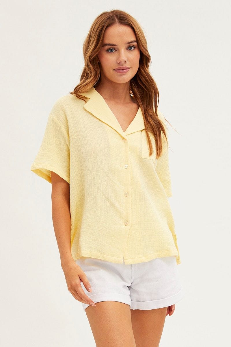 Yellow Textured Shirt Short Sleeve Collared Cotton for Ally Fashion