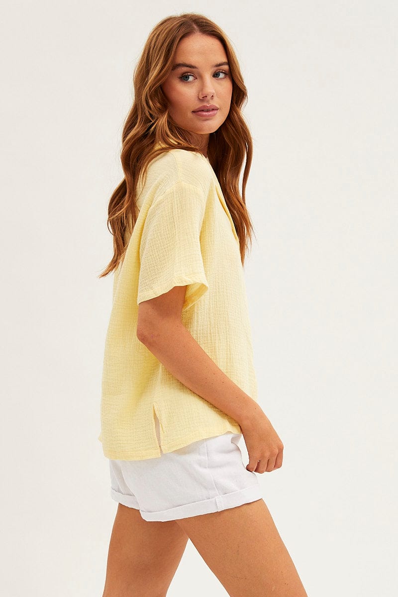 Yellow Textured Shirt Short Sleeve Collared Cotton for Ally Fashion