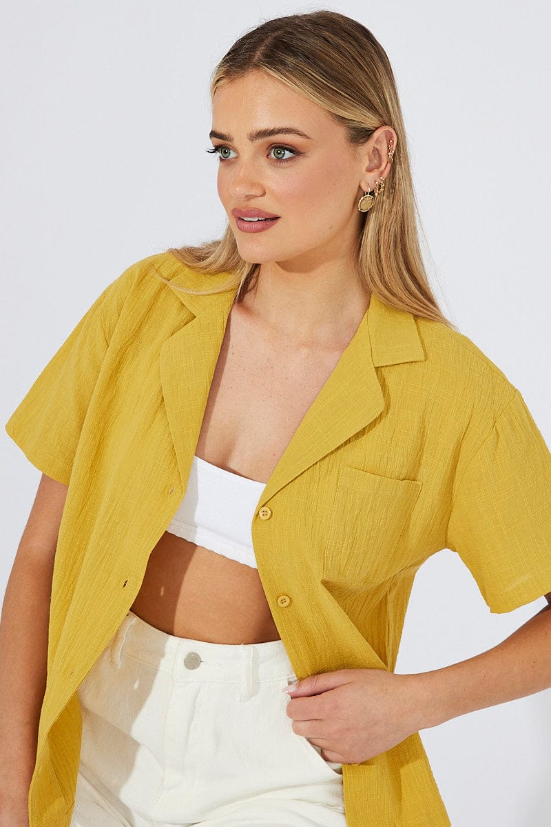 Yellow Shirt Short Sleeve Collared Neck for Ally Fashion